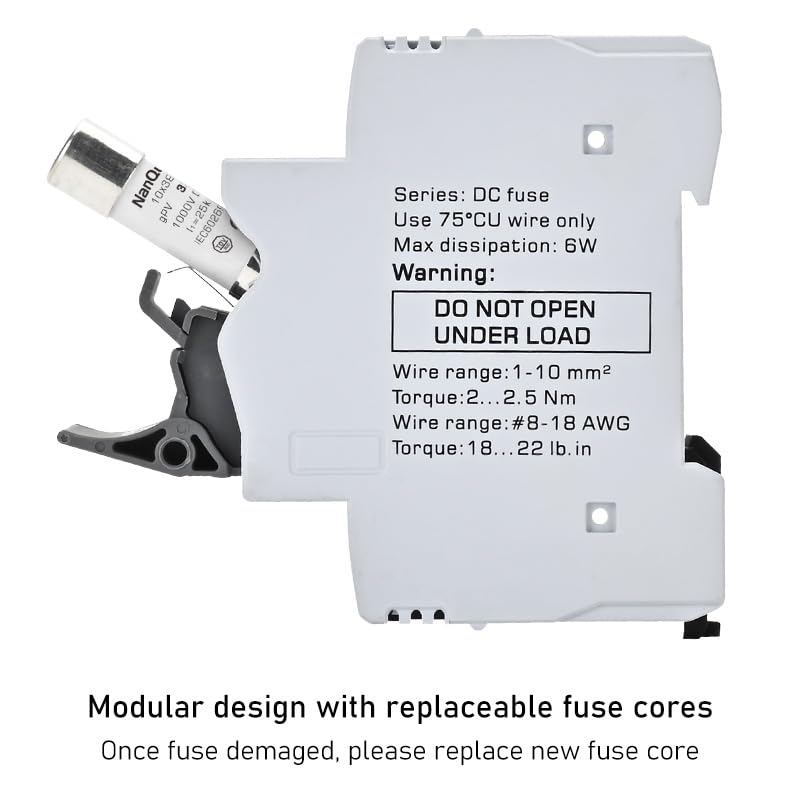 NanQue 2Pcs DC Fuse Holder with Core Block 100-1000V Solar PV Battery Short-Circuit Protect Single Poles 5/6/8/10/12/15/16/20/25/30/32 Amp 25kA Break Capacity Din Rail Install with Light Indicate (8A) - Image 3